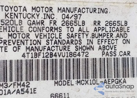 1997 Toyota Avalon Xls from USA, damaged, VIN 4T1BF12B4VU186472